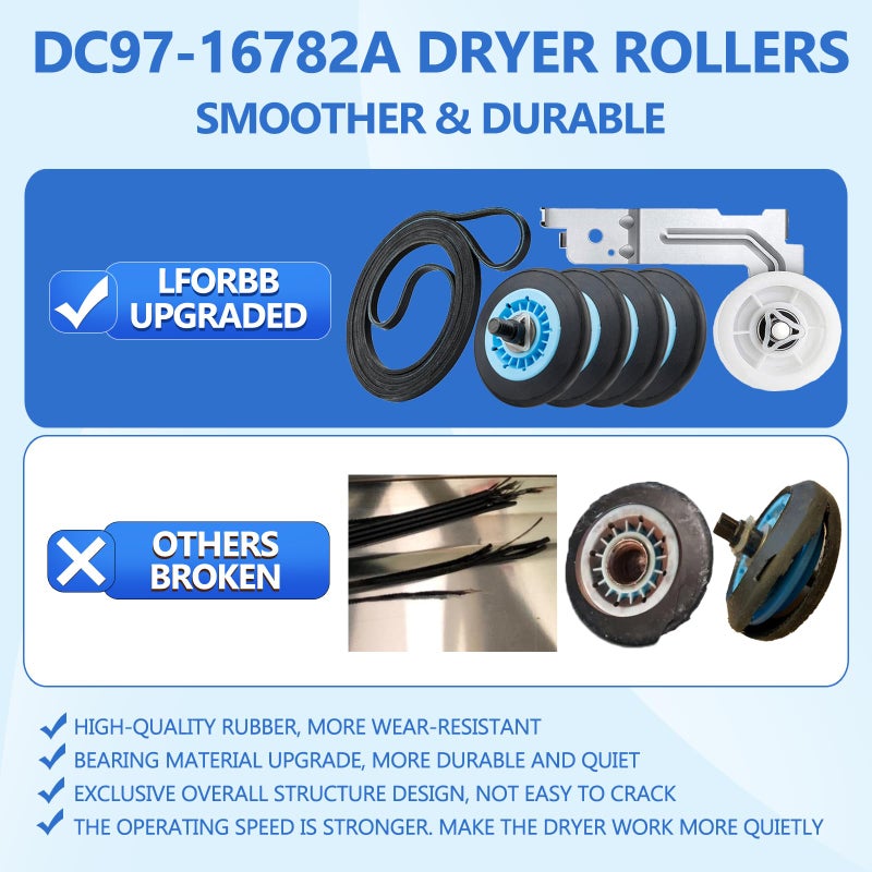 LFORBB ã€Upgradedã€‘Dryer Roller Replacement Part for Samsung DV42H5000EWA3 DV45H7000EWA2 DV48H7400EWA2 DV42H5200EPA3 DV40J3000EWA2, DC97-16782A Dryer Roller DC93-00634A Idler Pulley 6602-001655 Dryer Belt Kit - Image 2